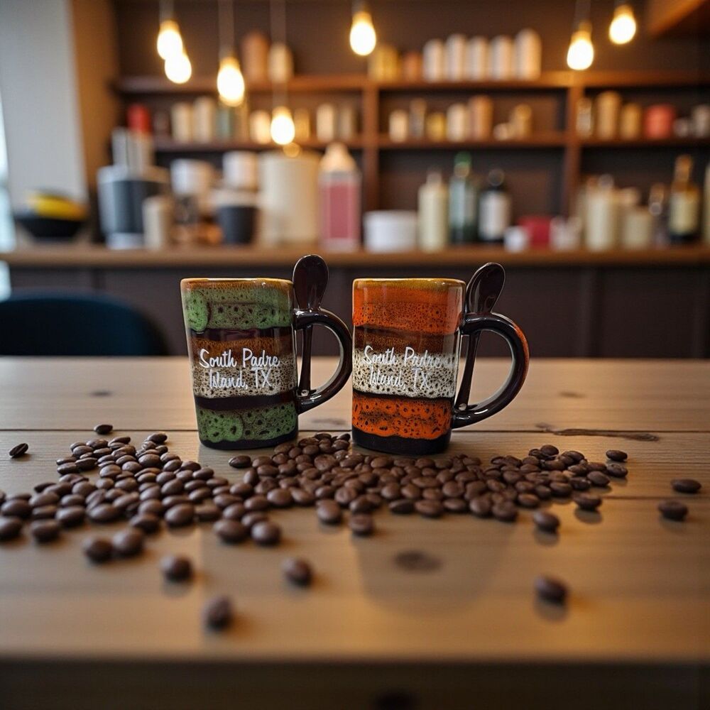 2 South Padre Island TX Stoneware Mugs with Spoons Brown Green Glossy Finish